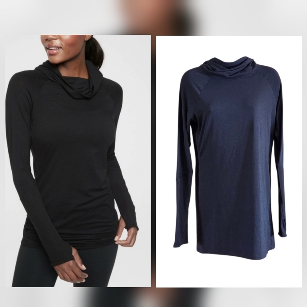 Athleta Essence Black Hooded Cowl Neck Long Sleeve Tunic Shirt Sz S Sporty